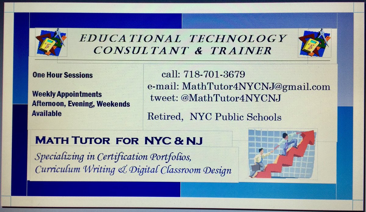 MathTutor4NYCNJ's tweet image. Educational Technology Consultant/Trainer offering: Private &amp;amp; In-Class Curriculum Planning/Design; edTPA Consulting &amp;amp; Submission Services #SMARTBoard #EdTech #NYCMath #edTPA
