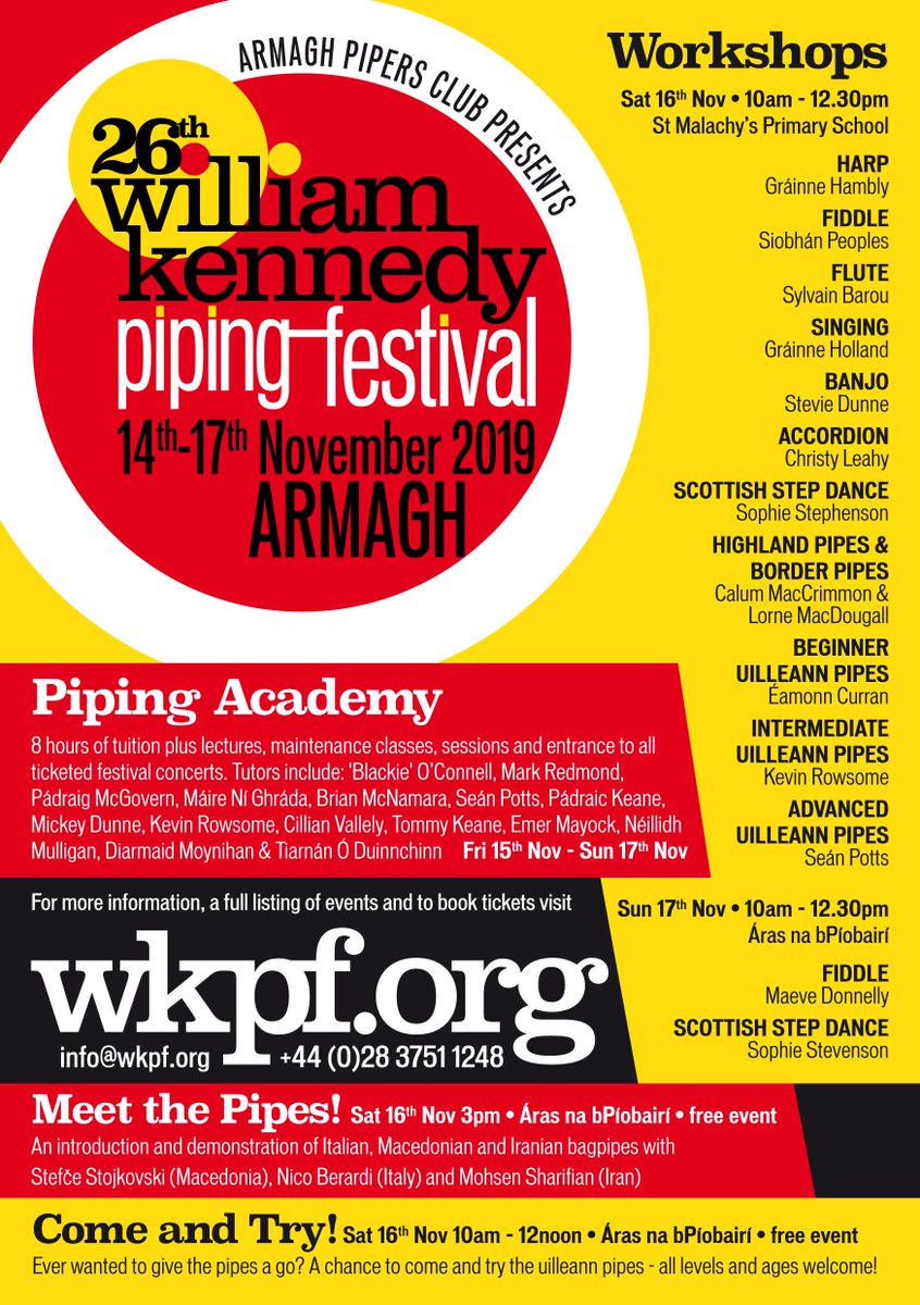 Armagh_Pipers's tweet photo. Lots of workshops on offer at WKPF next month! Applications from https://t.co/67RiiFB0Ml @Napiobairi @BelfastTradF @ITMADublin @corkpipersclub @ComhaltasUladh @ThePipingCentre @GlasgowPiping @northernpipers @ArtsCouncilNI @artsinmonaghan #armagh #wkpf https://t.co/uIg530JNiK