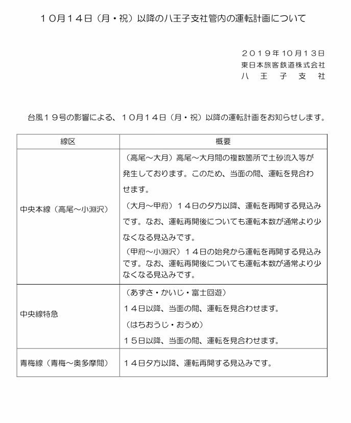 中央線が好きだ 公式 On Twitter 中央本線 高尾以西 運転計画 10 14以降 運転計画 Https T Co Kx0hjuy1dg 運行情報 Https T Co Wt9rlbsh1j