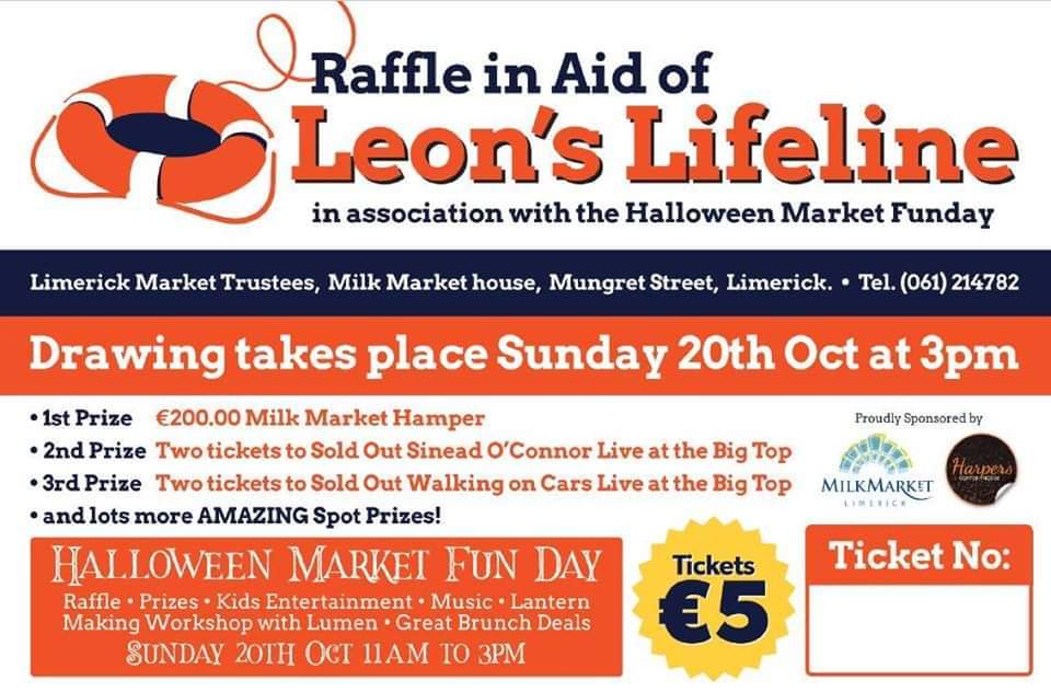 <a href="/LeonLifeline/">Leon's Lifeline</a> Halloween Family Funday Fundraiser in association with <a href="/PigtownLimerick/">Pigtown Festival Limerick</a> next Sun 20th Oct with some amazing prizes
Live Music - Kids Entertainment - Limerick Dance Academy - Lantern Making Workshop - Free Entry
Raffle tickets can be picked up in advance form shops