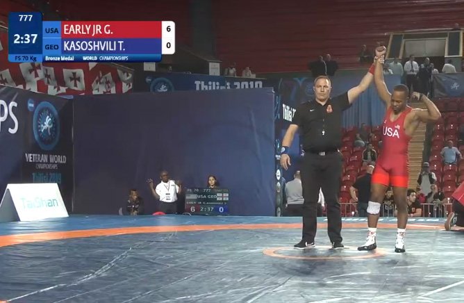 USAWrestling's tweet photo. Early adds a pin at 70 kg for the third bronze medal for the USA today. We only entered six guys on Sunday. Still coming up is James Medeiros going for 88 kg gold in six bouts on Mat B @trackwrestling https://t.co/XPI1A8TD3P