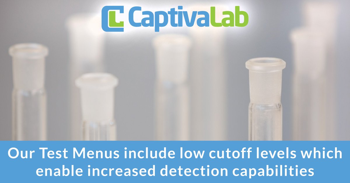 CaptivaLab's tweet photo. https://t.co/AfMOIHmzq2
Our Test Menus include low cutoff levels which enable increased detection capabilities. To learn more about all of the services we offer go to https://t.co/AfMOIHmzq2
#captivalab #drugdetection #bloodtest #toxicology #stateoftheart #fullservicereferencelab https://t.co/trUBQjeN9P