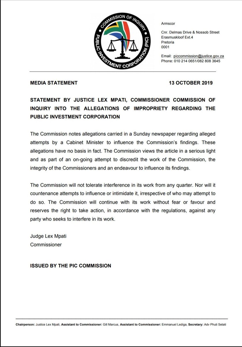 CommissionPic's tweet image. STATEMENT BY JUSTICE LEX MPATI,COMMISSIONER COMMISSION OF INQUIRY INTO THE ALLEGATIONS OF IMPROPRIETY REGARDING THE PUBLIC INVESTMENT CORPORATION