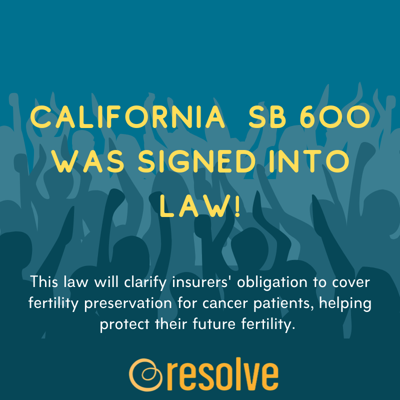 resolveorg's tweet photo. 🎉 Big news for #cancer patients living in #CA. Today SB600 was passed into law which would recognize #cancer patients right to protect their future #fertility. Thank you @ASRM @AllianceForFP & #cppac for your advocacy and BIG thank you to @GavinNewsom
https://t.co/BqwsEt1qDm https://t.co/ENjF8yOvOr
