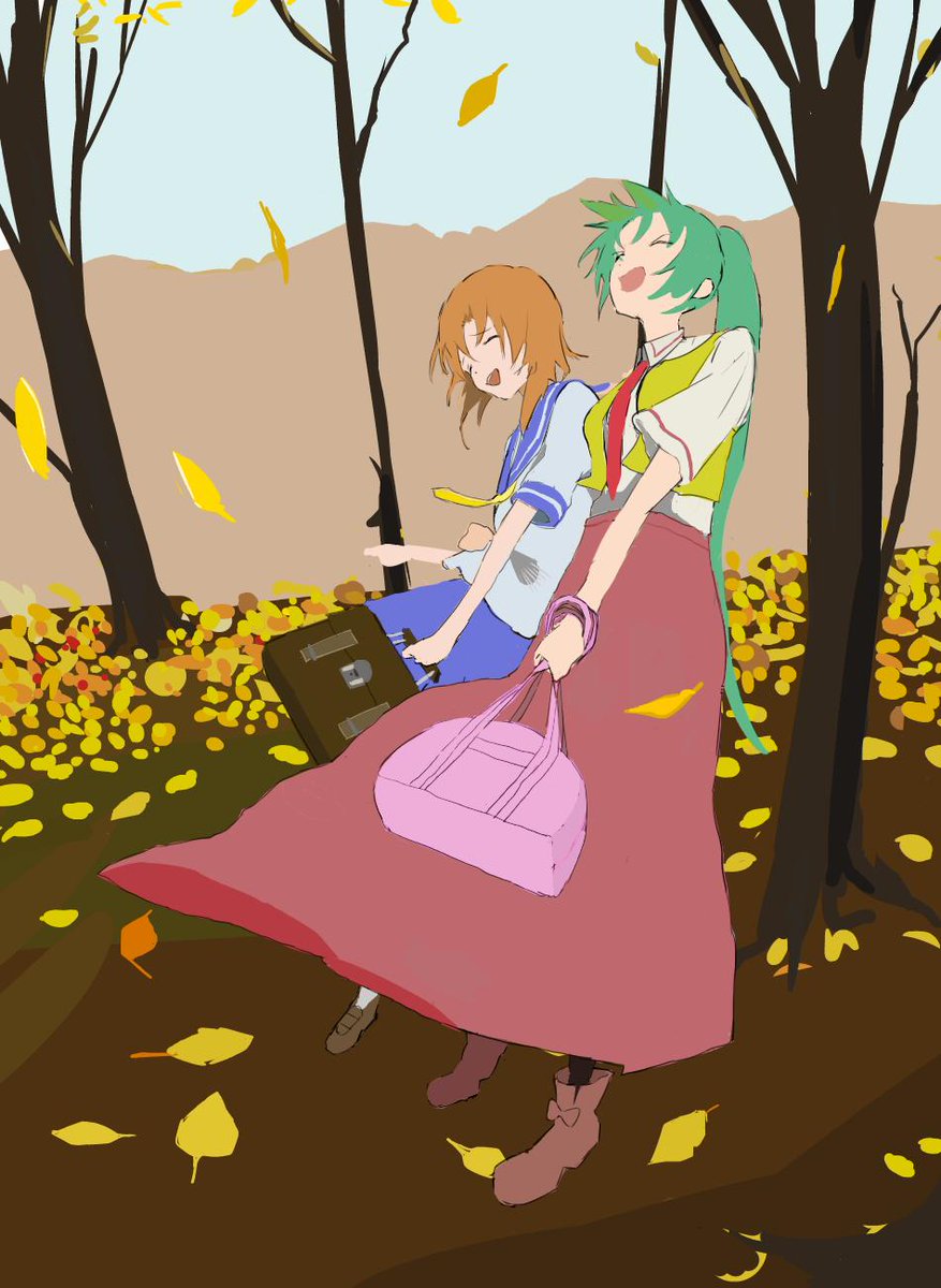 ryuuguu rena ,sonozaki mion multiple girls 2girls closed eyes green hair necktie long hair school uniform  illustration images