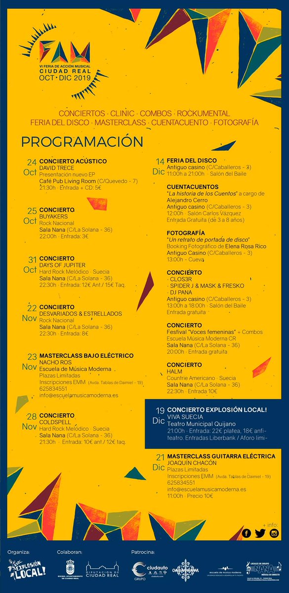 ya tenemos la programación de la VI edición feria de acción musical de #ciudadreal (FAM) <a href="/laferiaFAM/">Feria Acción Musical</a> <a href="/VivaSuecia/">Viva Suecia</a> <a href="/Thebuyakers/">The Buyakers</a> <a href="/DaysOfJupiter/">Days Of Jupiter</a> <a href="/alejandrocerro_/">Alejandro cerro</a>  <a href="/ColdSpellSweden/">ColdSpell</a> <a href="/Desvariados/">Desvariados</a>