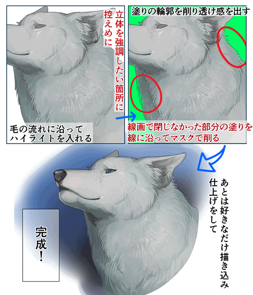 ichiup_net's tweet photo. 動物の毛並みの描き方🐺塗りのテイストに合わせたポイントも紹介！
厚塗りやアニメ塗りで表現！ 動物の毛並み（モフモフ）の描き方講座 | いちあっぷ https://t.co/uOpULPUmeh   #絵が上手くなる記事はコレ https://t.co/Gpk1r0AoRC