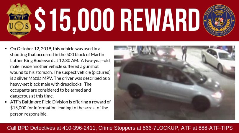 BaltimorePolice's tweet image. Detectives are continuing to search for this silver Mazda MPV. The vehicle is wanted in connection to the shooting of a 2-year old child yesterday morning.