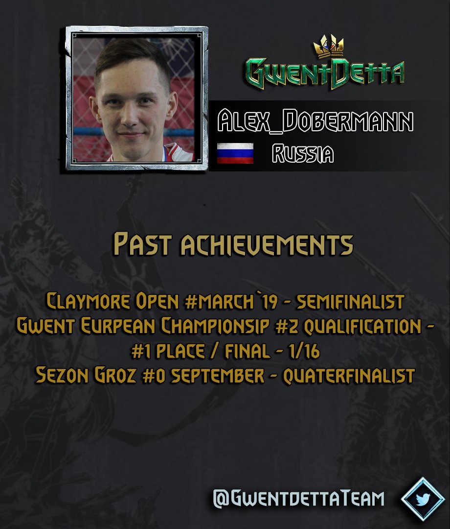 GwentdettaTeam's tweet photo. We are happy to introduse one more great player in our team! @dobermann_alex  - famous streamer  now in Gwentdetta cybersport subdivision. Also he is an admin of streaming&amp;contentmaking direction of Gwentdetta project. Let's wish him good luck in conquering @GWENTMasters https://t.co/EPI2NaebMh