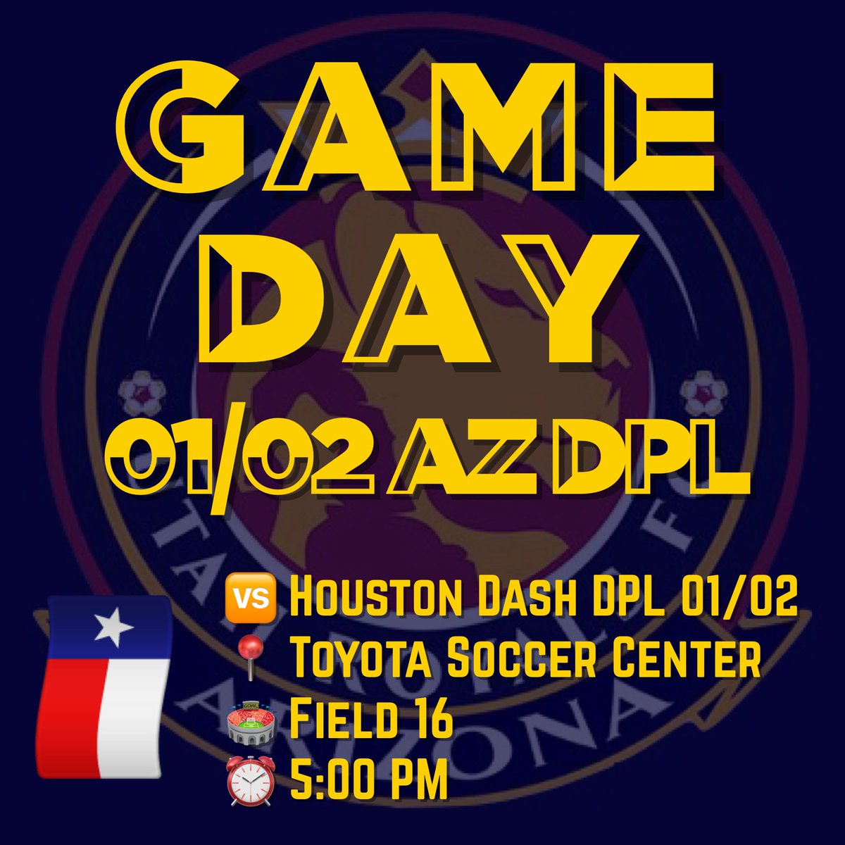 Royals0102DPL's tweet photo. 🚨 It’s #Gameday 🚨 

🆚 Houston Dash DPL 01/02
📍 Toyota Soccer Center
🏟 Field 16
⏰ 5:00 PM

#️⃣ #RSLFamily #RSLAZ #AsOne #DPL
🤝 @RoyalsDa @RSLArizona https://t.co/yOWjwGjBnx