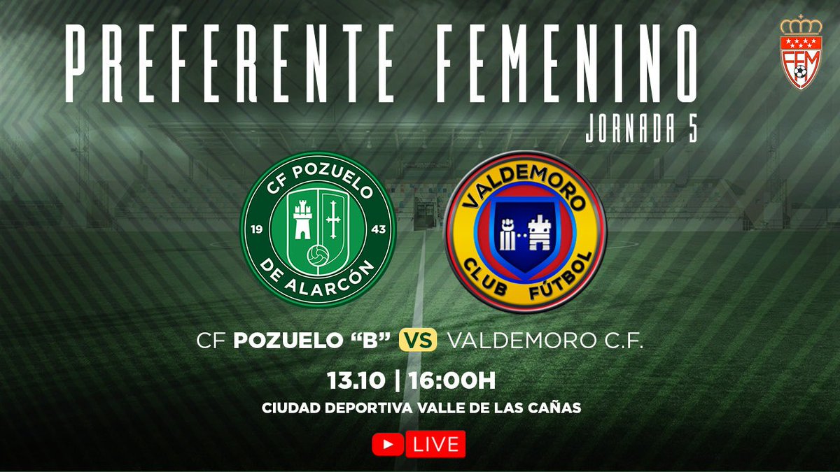 PozuFem's tweet photo. ¿Sin planes para esta tarde? A las 16:00 nuestro #FemeninoB juega 🆚 @ValdemoroCF , no te lo pierdas en DIRECT🔴 en nuestro canal YouTube. 

📺 https://t.co/t73PgVtfVV

#FamiliaVerde💚
#PreferenteFemenino https://t.co/gz0ibjiwWz