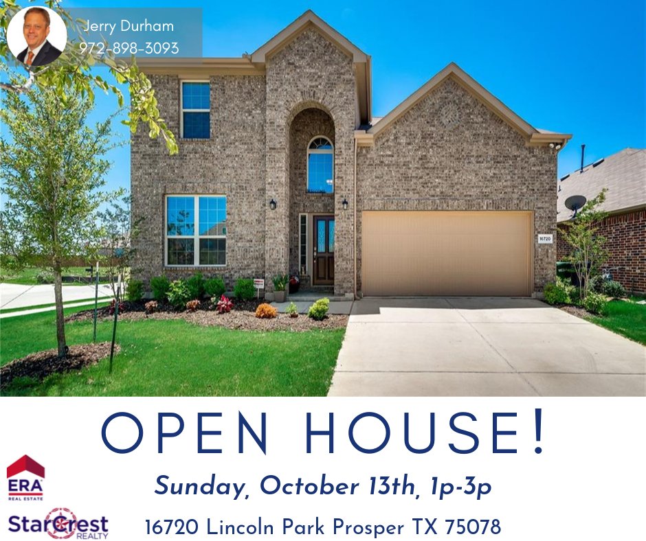 Open House Sunday, the 13th, in Prosper!

#ERAStarCrest #ERA #ProsperRealtor #ProsperRealEstate #JustListed #NewListing #ListingAgent #OpenHouse #SundayOpenHouse #DFWRealtor #REO #Artesia #ProsperTX #MoveInReady #OpenFloorplan #HomeForSale #BuyingAHouse #ForSale #ProsperISD