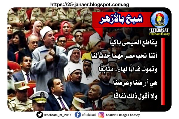 شيخ بالأزهر يقاطع السيسى باكيًا أننا نحب مصر مهما حدث لنا ونموت فداءًا لها»، متابعًا هي أرضنا وعرضنا ولا أقول ذلك نفاقًا