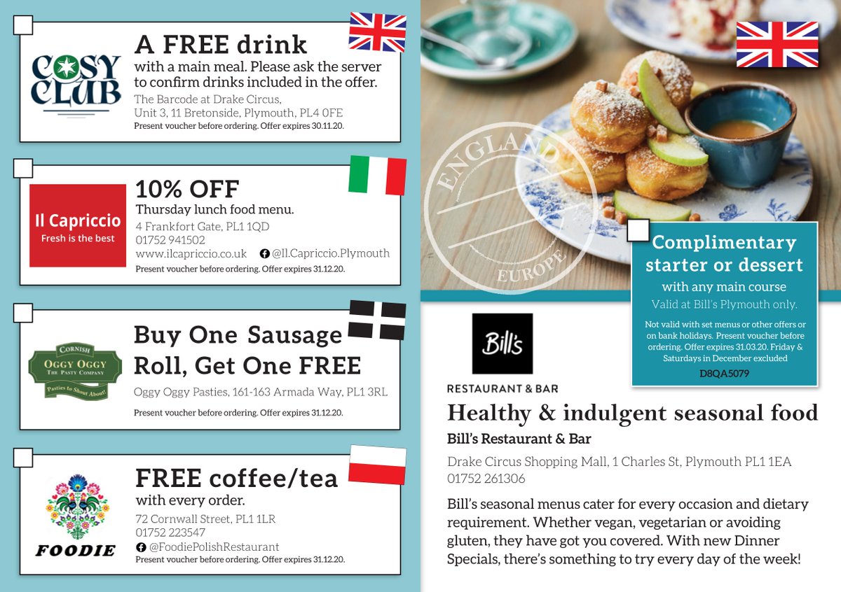 #Plymouth Food Passports will be available from tomorrow! Packed with discounts and fantastic suggestions for places to eat around the City Centre. 

Pick up your copy from one of the participating restaurants

Online version is available to view now: issuu.com/visitplymouth/…