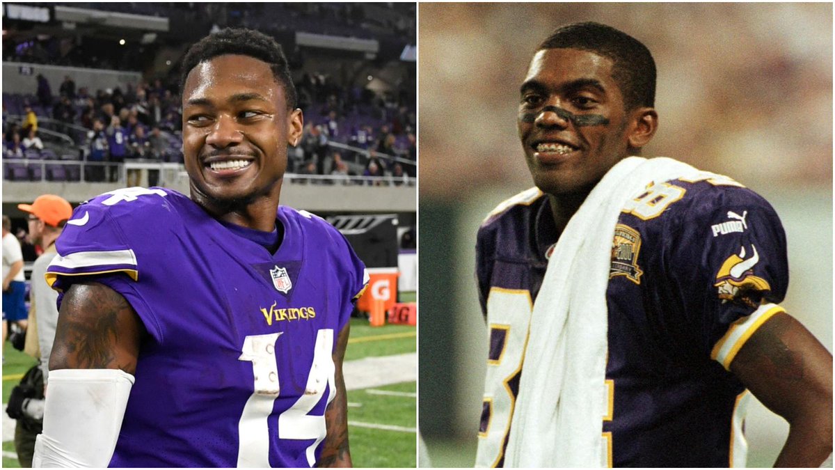 ESPNNFL's tweet photo. Stefon Diggs is the first Vikings player to catch 2 TD passes of 50+ yards in a single game since Randy Moss in 2000. https://t.co/QoP5ODHrNS
