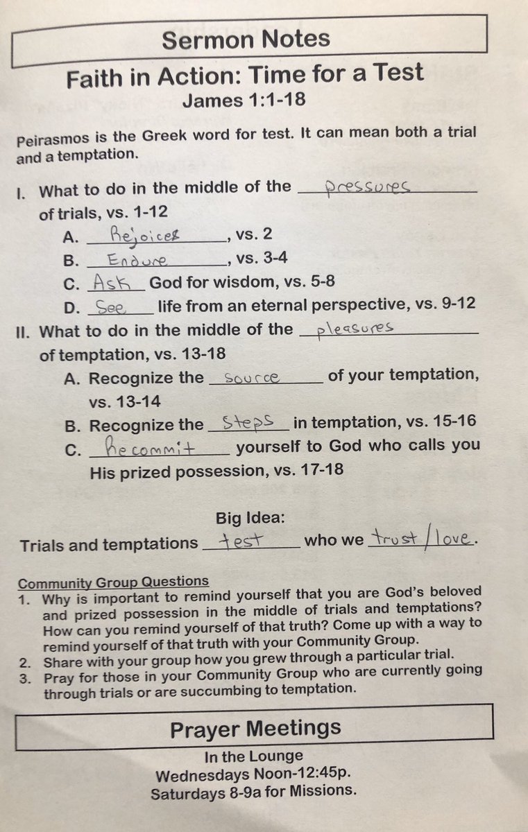 CityofRefugeHTX's tweet image. Trials and temptations are great things. They show our hidden desires and weaknesses, and open the door for us to not rely on anything we have, but rely on God for victory. Rejoice in discipline because you know the outcome. You will be better. Love and trust Jesus

#ChurchNotes