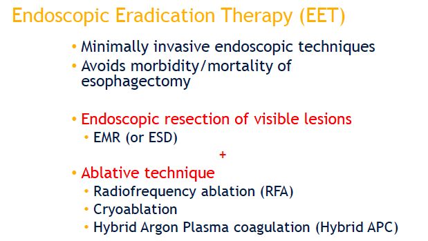 FITWITMD's tweet photo. Endoscopic Eradication Techniques (EET) & Mucosal Resection (EMR) can be utilized to strategically remove most lesions. More practitioner experience results in less number of sessions per patient required. High yield summary by Christina Tofani, MD #PAGASTRO2019 #PSGFIT #Barretts https://t.co/m1pHtdIFxk
