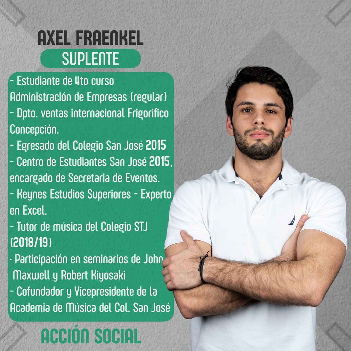 • Acción Social •

Nuestro equipo para el año 2020.

Ellos son Renato Azcona y Axel Fraenkel quienes están preparados para promover e impulsar proyectos y actividades sociales que puedan favorecer la mejor formación y crecimiento de los estudiantes.

#LoQueNosUne 💜💚
#Union