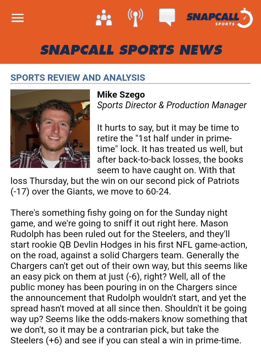 Not sure which way to pick for Sunday night's prime-time action on SCS? Check out Gamecaster Mike Szego's pick, then go make your selections on the Schedule page before the game starts. Join us LIVE at kickoff for all the in-game predictions you can get.
