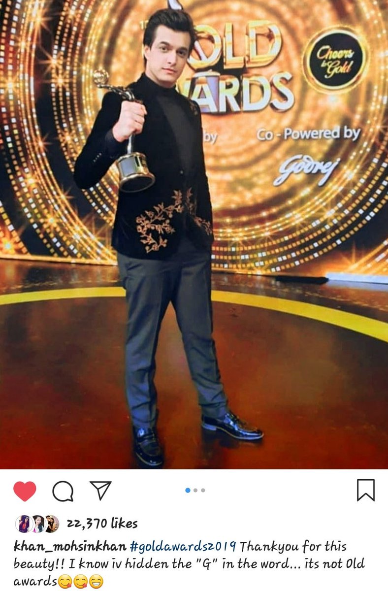 Finally You posted!!!

@momo_mohsin Thankuu So much and Once again Congratulations for winning this Much deserving beauty👏❤️
Keep Shining star!

And special mention to caption.. You hid BEST ACTOR bhi kya🙂😭😂
#MohsinKhan #KartikGoenka #yrkkh #GoldAwards2019