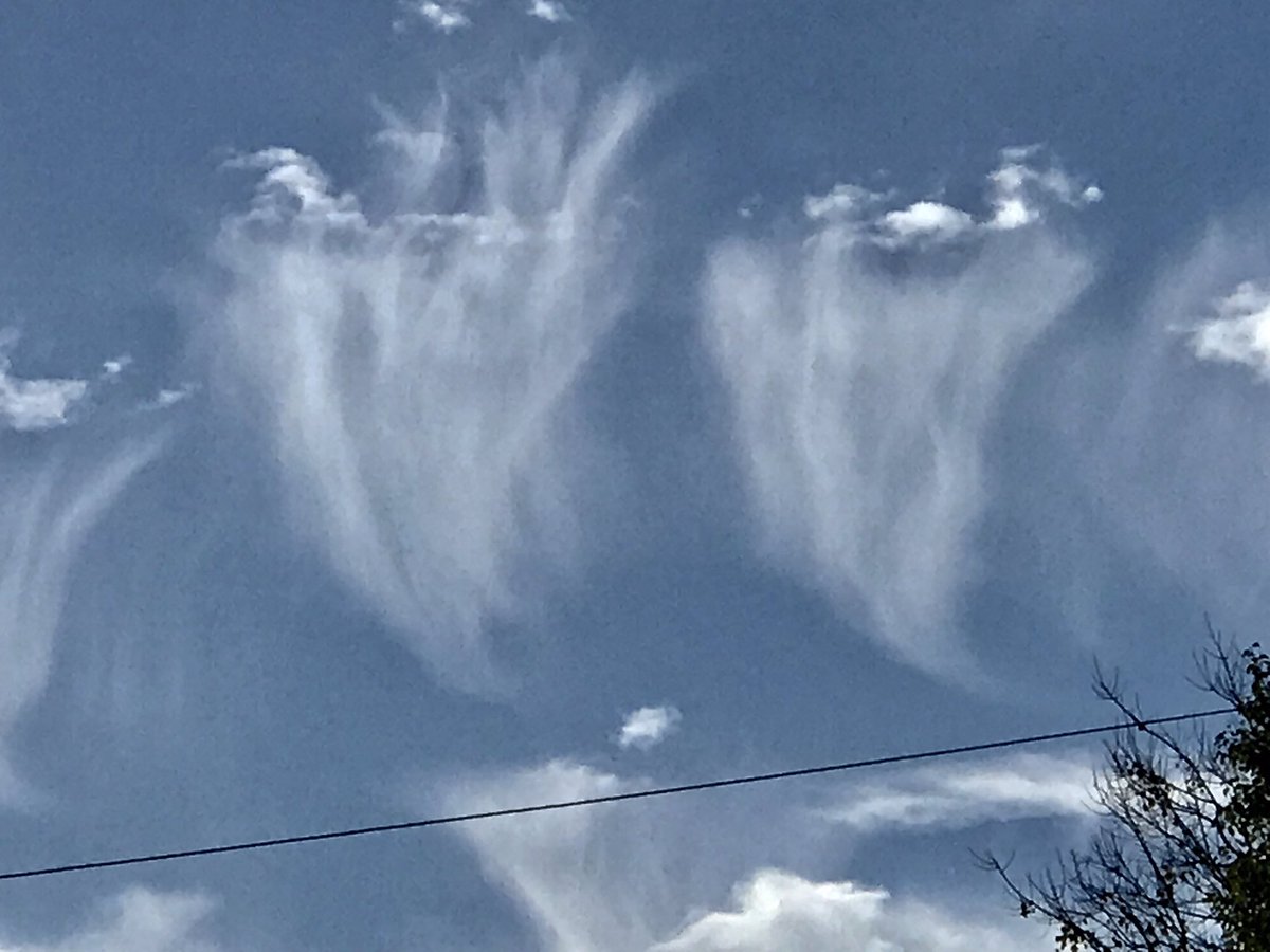 TrustSteve19's tweet photo. Have you ever heard of #fallstreaks ? Pics are high #cirrus clouds - composed of ice crystals - when the temp & humidity are right the ice crystals grow on bits of dust or other crystals - when too big to be held aloft by the weak #updraft they fall creating fall-streaks @FOX19 https://t.co/4Nv1ckNyjj