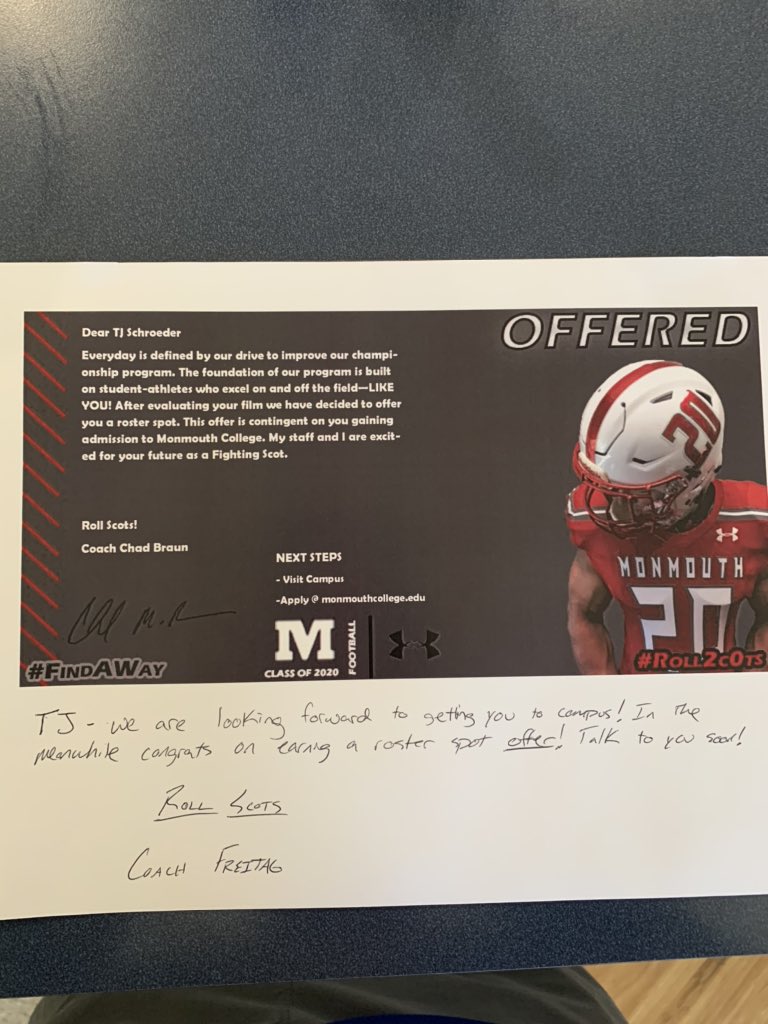 TJ__Schroeder's tweet photo. Blesses to receive an offer from Monmouth College! #Roll2C0TS 🔴 @CoachFreitag https://t.co/NzpfmyEWwX