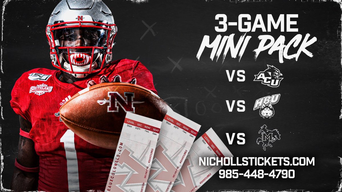 GeauxColonels's tweet photo. Lock in your tickets to @Nicholls_FB's final three home games with our 3-game mini pack! Receive discounted rates on tickets when purchasing the mini plan. #GeauxColonels #PackGuidry
ποΈ: https://t.co/BjBDgQsnlz
π: 985-448-4790 https://t.co/dgJR8xSY2z