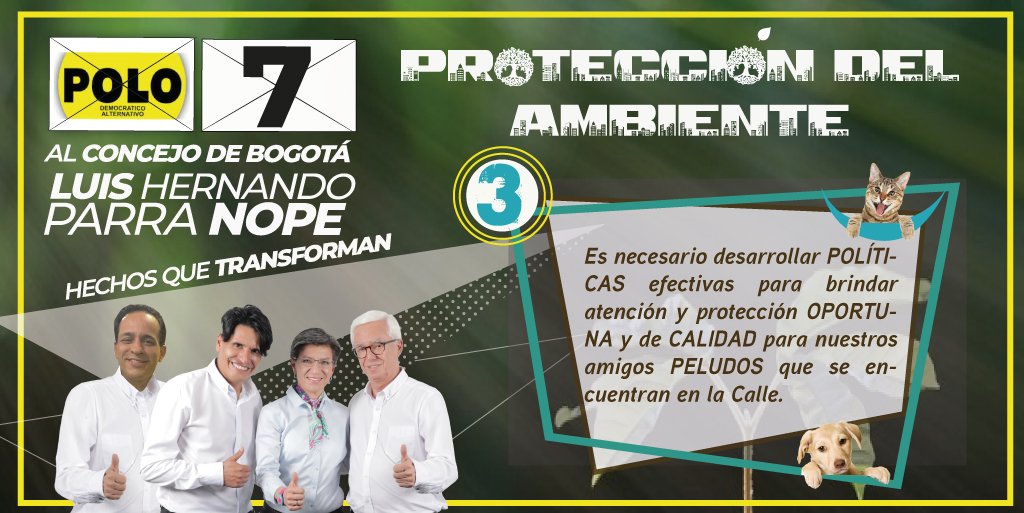 LuisHernandoP's tweet photo. PROTECCIÓN DEL AMBIENTE
3. Es necesario desarrollar políticas efectivas para brindar atención y protección oportuna y de calidad para nuestros amigos peludos que se encuentran en la calle.
#PropuestasDeMechas #VoteConcejoPolo7 https://t.co/WDizjsEwIV