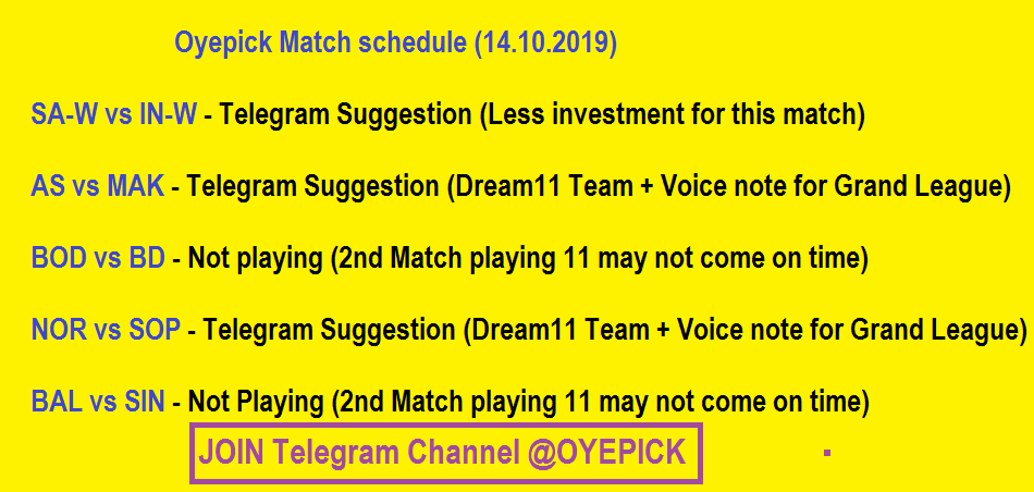 oyepick's tweet photo. Oyepick Match schedule (14.10.2019)
#SCL2019 #Shpageeza #ASvMAK #BODvBD #Oyepick #NationalT20Cup #BAlvSIn #NORvSOP
Join us for Final #Dream11 Teams - Telegram - https://t.co/HQ6fwGzTQM https://t.co/uNuD40uxAR