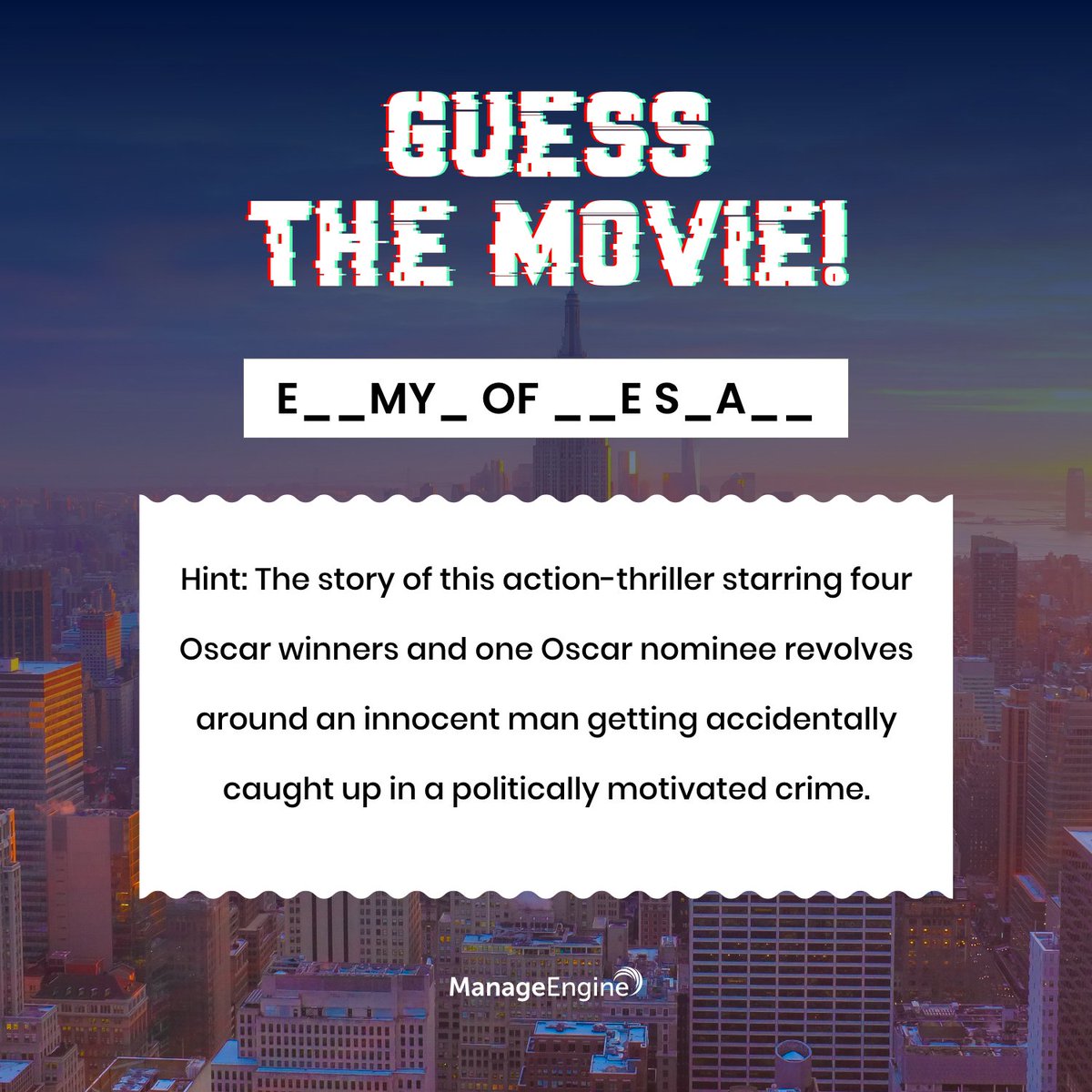 manageengine's tweet photo. Cybersecurity movie trivia time! Guess the movie based on the hint given and post your answer in the comments below. Let's see how many of you can get it right. Visit https://t.co/HpxRV07Kh1
#BeAware #BeSecure #NCSAM #MEforCybersecurity https://t.co/msLhEgr0yY