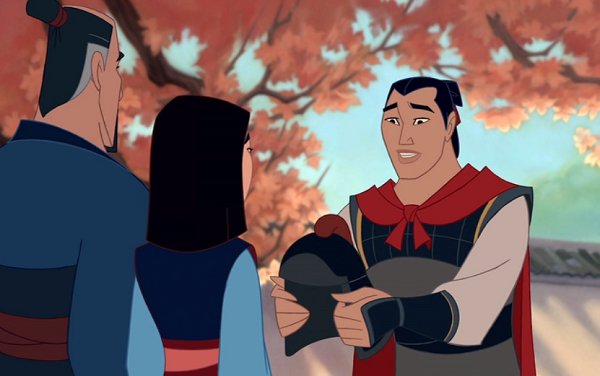 Setting up for their highly patriarchal reunion at the end of the movie, when Li Shang returns Mulan's father's helmet to her--which means, by now, to return her reflection to her, to let her see herself as someone someone else desires.