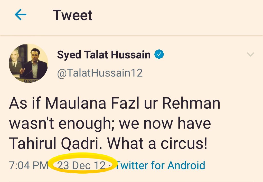 Exhibit CG.  @talathussain12, the YouTubi. -TUQ is using religion for political gains as Fazl-ul-Rehman does 2014.-Fazlu sitting with Bilawal instead of IK is site worth seeing.-2014's Azadi March was orchestrated by Army but 2019's Azadi March is a political wrestlemania.