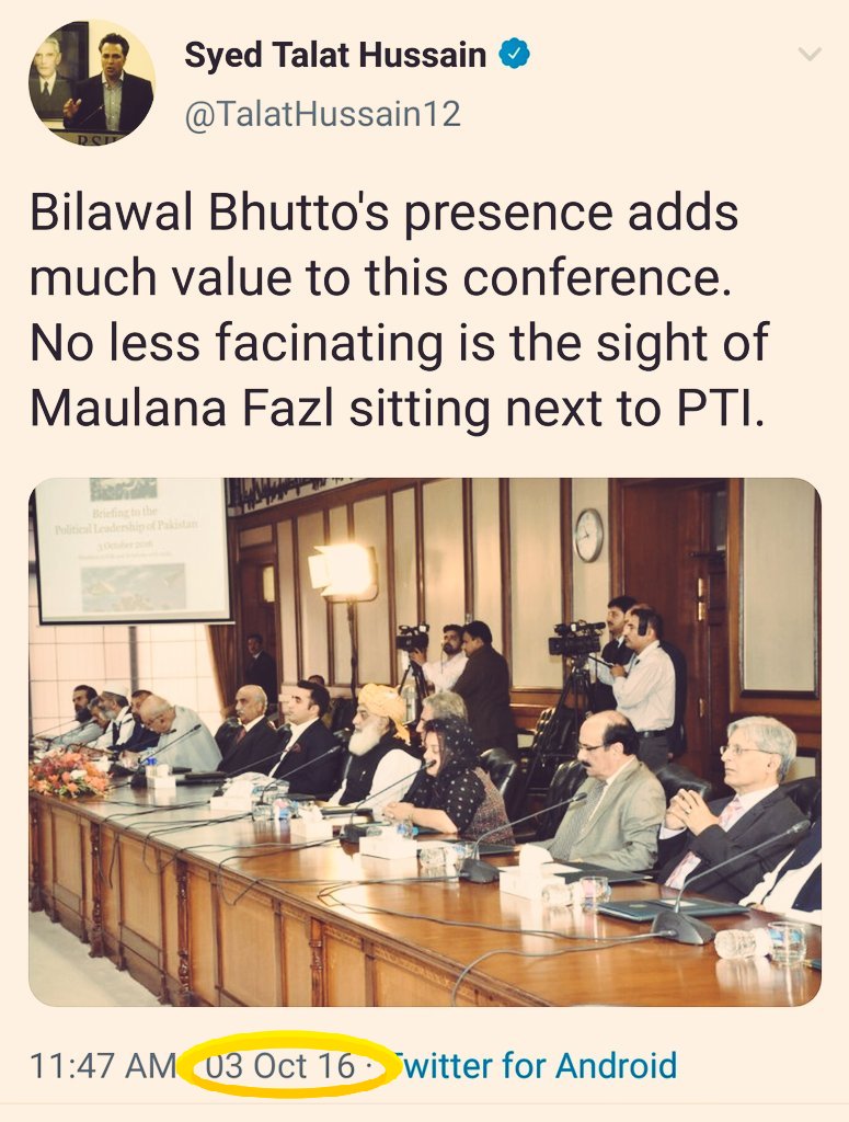 Exhibit CG.  @talathussain12, the YouTubi. -TUQ is using religion for political gains as Fazl-ul-Rehman does 2014.-Fazlu sitting with Bilawal instead of IK is site worth seeing.-2014's Azadi March was orchestrated by Army but 2019's Azadi March is a political wrestlemania.