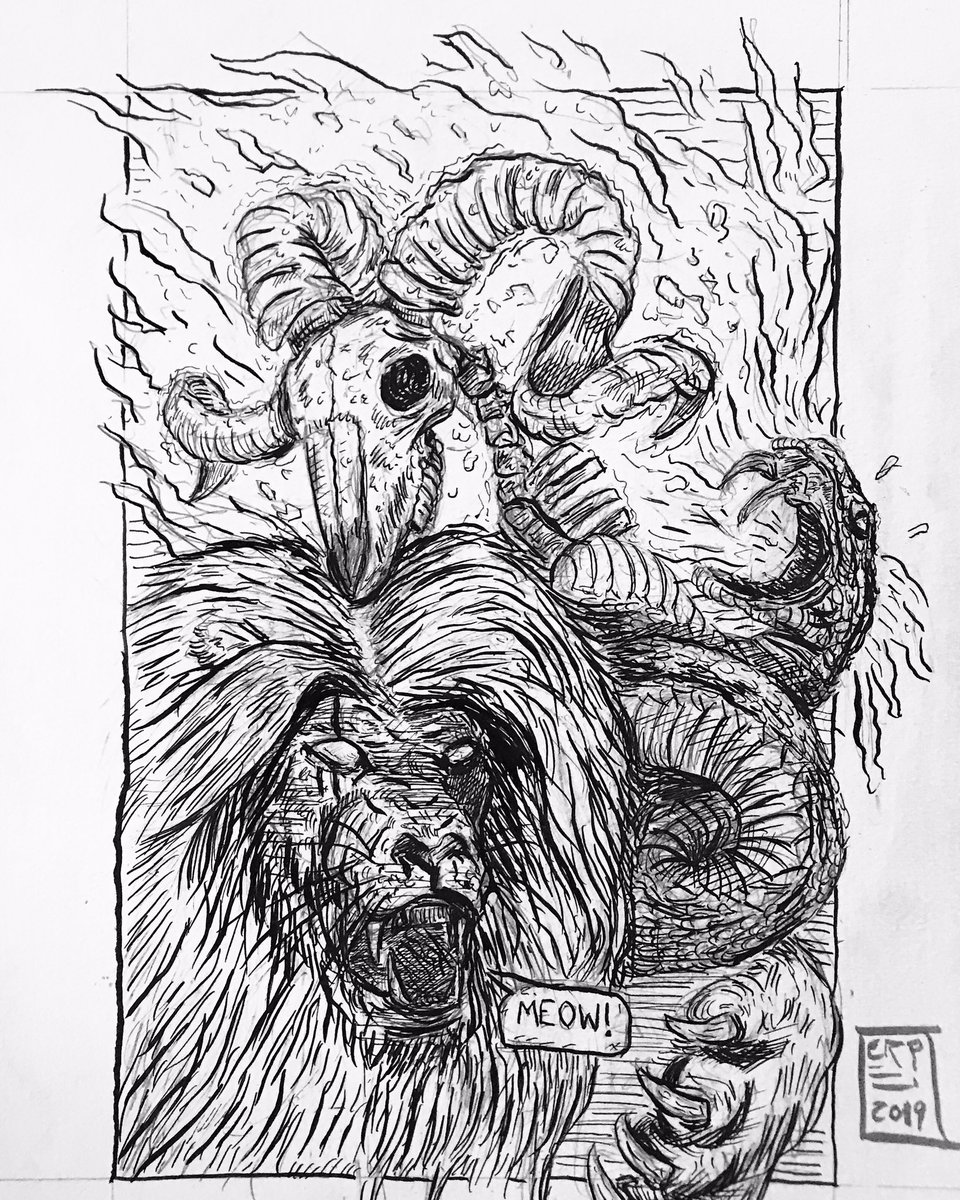 EbKillustration's tweet photo. Chimera - Day 13 of #mabsdrawlloweenclub2019 

#art #illustration #sketch #ink #drawing #drawingoftheday #chimera #lion #snake #goat #goatskull #skull #fire #greek #greekmythology #meow #kitty #hellfire #abomination https://t.co/cysQhSG2gf