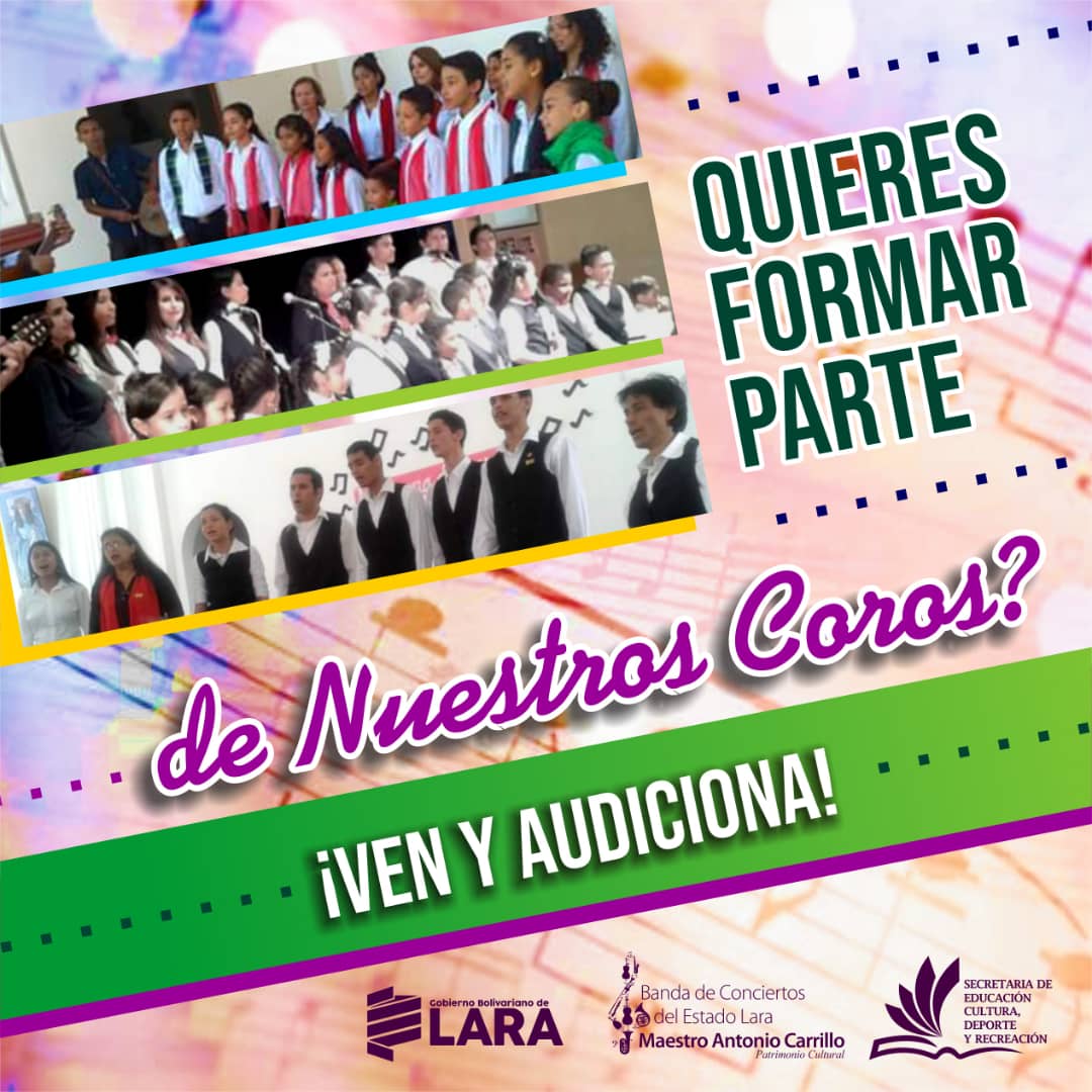 Niños y niñas de 6 años hasta 12 años (sin audición) Jóvenes de 13 hasta 30 años y adultos y mayores de 40 años, con alguna experiencia vocal previa. Lunes en el Colegio Monseñor Benitez y martes en el museo, de 2:30 pm a 4:30 pm. 
#Coros #Canto #CantoCoral #BandaDeLara