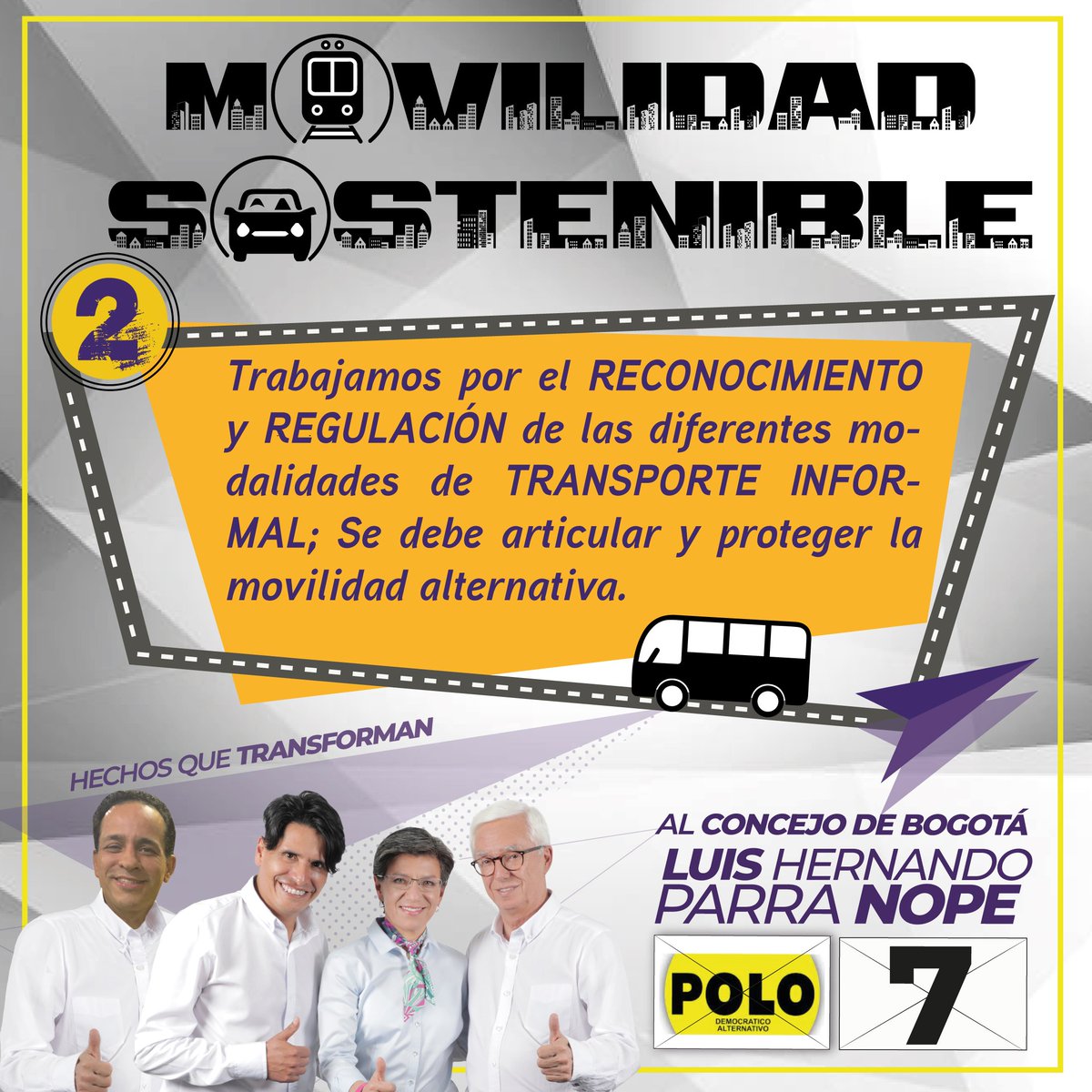 LuisHernandoP's tweet photo. MOVILIDAD SOSTENIBLE
2. Trabajamos por el RECONOCIMIENTO y REGULACIÓN de las diferentes modalidades de TRANSPORTE INFORMAL; Se debe articular y proteger la movilidad alternativa.
#PropuestasDeMechas #VoteConcejoPolo7 https://t.co/ytl5v9Ppv2