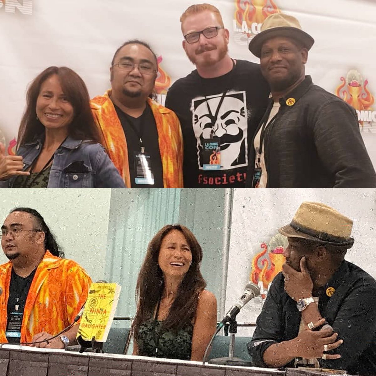 ToriEldridge's tweet photo. Helluva #panel with Dr. @Billi_sense, #screenwriter Jonathan Butler, #writer Travis Adams, and #novelist @ToriEldridge at #lacomiccon! 🐙 #TheFlash #TheNinjaDaughter #PsychGeeks #books #authors https://t.co/AaQC8iJsmU