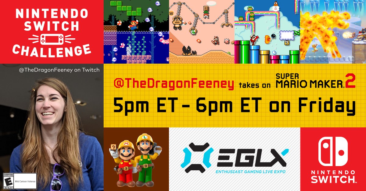 Mark your calendars for a special #NintendoSwitchChallenge where Twitch streamer thedragonfeeney will be playing live on stage from #EGLX in Toronto. The stream starts at 5PM EST on October 18th. ow.ly/pKL850wJR66
