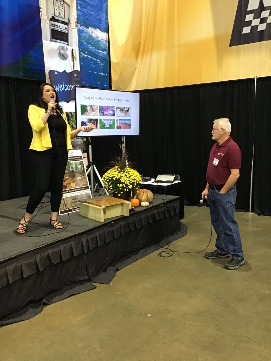 HomeShowVA's tweet photo. Tired of all that wood deck maintenance (and splinters) every year? Pete and Pamela Bigelow of @DekTekTile are on the Fresh Ideas Stage at @RichmondRaceway right now showing off their new generation of deck tiles. Check it out - the #RVA Home Show is open until 6p! https://t.co/pzxFKKoX80