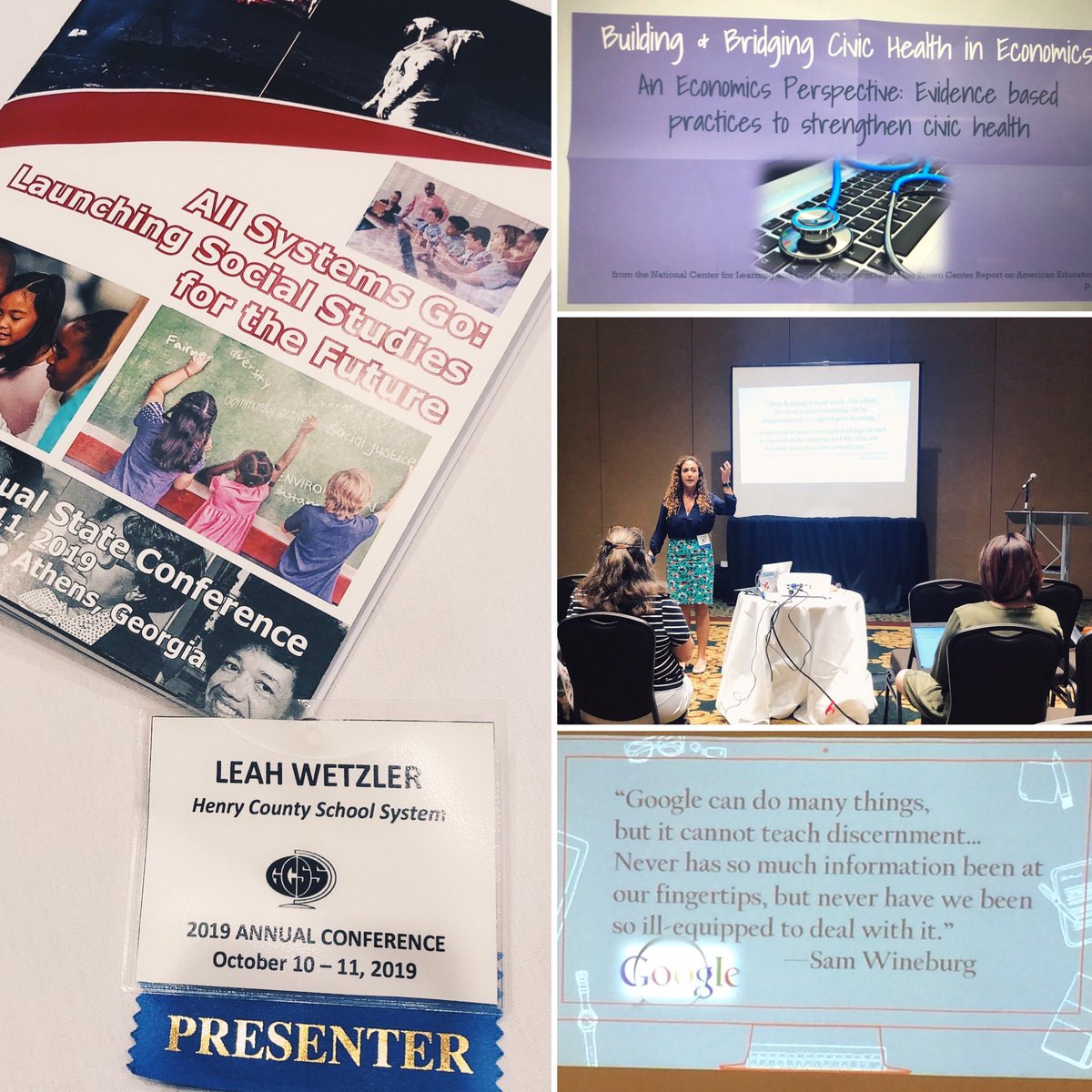 LeahWetzler's tweet photo. Participating in &amp; learning from @GASocStudies Conference once again inspires me! For the 2nd year I am honored to present as a rep of  @HenryCountyBOE &amp; @SocialSt_HCS &amp; for the 1st time representing @GaDOE_SS. TY #GCSS19 for the opportunity &amp; an engaging &amp; impactful experience. https://t.co/RcLitGcCTF