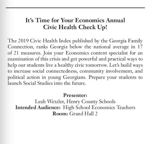 LeahWetzler's tweet photo. Participating in &amp; learning from @GASocStudies Conference once again inspires me! For the 2nd year I am honored to present as a rep of  @HenryCountyBOE &amp; @SocialSt_HCS &amp; for the 1st time representing @GaDOE_SS. TY #GCSS19 for the opportunity &amp; an engaging &amp; impactful experience. https://t.co/RcLitGcCTF