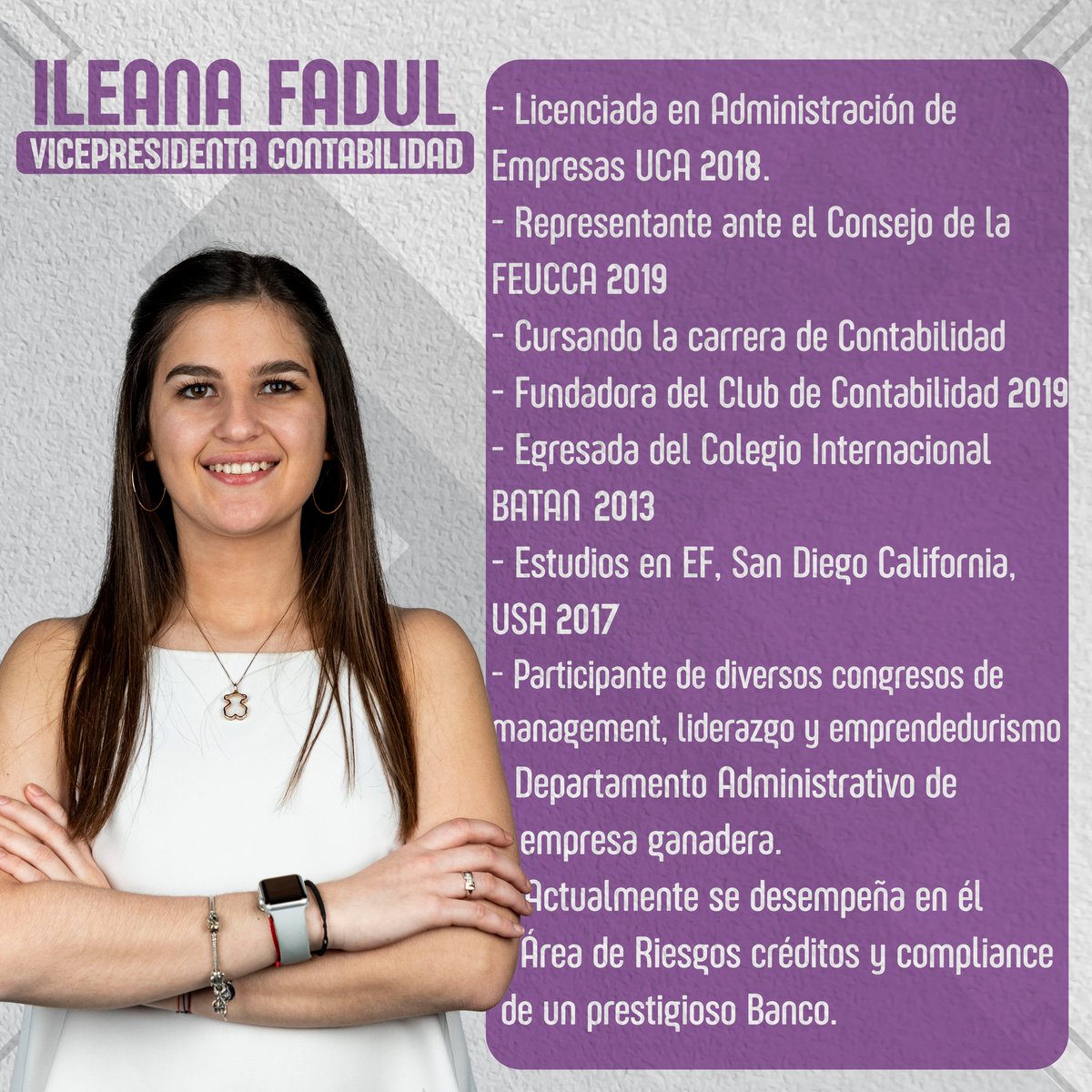 • Vicepresidenta de Contabilidad •

Nuestro equipo para el periodo 2020.

Ella es <a href="/ilefadul/">Ile Fadul</a> quien está preparada para atender permanentemente a los asociados de la carrera de Contabilidad ante cualquier tipo de inconveniente o inquietud.

#LoQueNosUne 💜💚
#Union