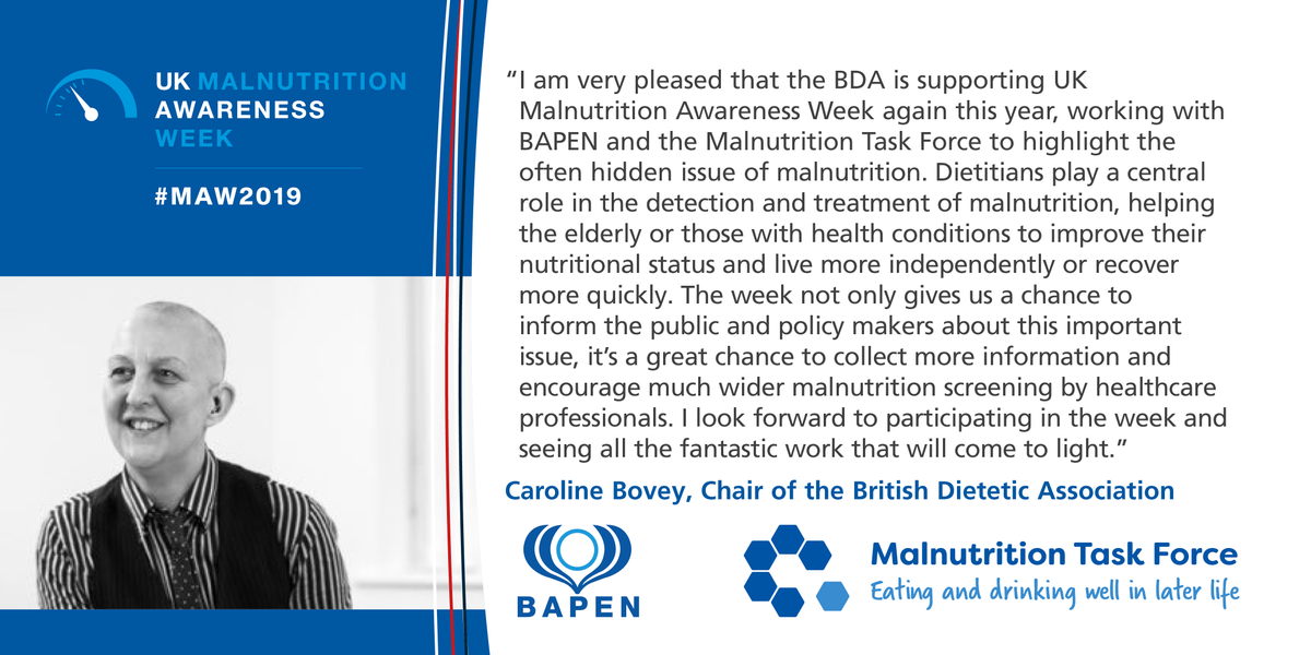 BAPENUK's tweet photo. We are pleased that @BDA_Dietitians are supporting our fight against malnutrition in the UK again this year. Find out how dietitians can help during #MAW2019 and beyond by visiting their website: https://t.co/gxyj0oeWnL https://t.co/i9uEATdh7D