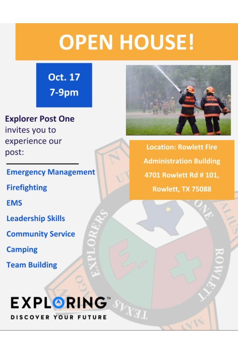 ExplorerPost1's tweet image. THIS Thursday is our open house! Everyone is welcome. There will be information about the post, a few activities, and an appearance from Rowlett Fire Department. Hope to see you there!