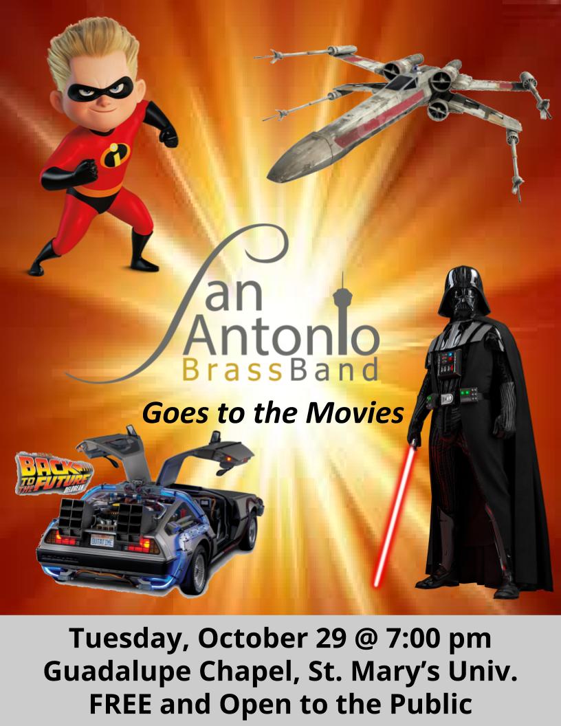 Tuesday Oct 29 at 7:00 PM!
<a href="/StMarysU/">St. Mary's University</a> SABB Goes to the Movies featuring Erin Thomas, cornet and Joseph Ledesma, flugelhorn!
sabrass.org/artist.php?vie…
#brassband #sanantonio #brass #concert
