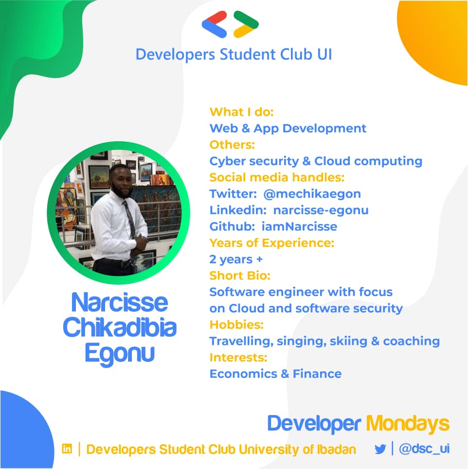 gdg_ui's tweet image. Meet Narcisse Egonu @mechikaegon Software Engineer with focus on Cloud and Software Security.

#DevelopersMonday
#WeWork
#DSCSSA
#googledevelopers