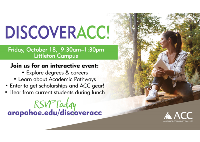 ArapahoeCC's tweet image. This week on the Littleton Campus is Discover ACC. Learn about our Academic Pathways &amp;amp; how we will support your college experience. We can&apos;t wait to meet you!  ow.ly/qXWh50wHXXp #college #collegeprograms #collegeexperience