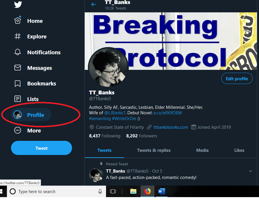 TTBanks5's tweet photo. Okay @carlytinkler - how to #PinATweet

I hope you're using a computer and not a cell phone - because all my screenshots are of Twitter on my computer.

Step 1: Get to your profile!
Click the word PROFILE on your computer screen.

Continue to step two... https://t.co/99g4hYHIRa