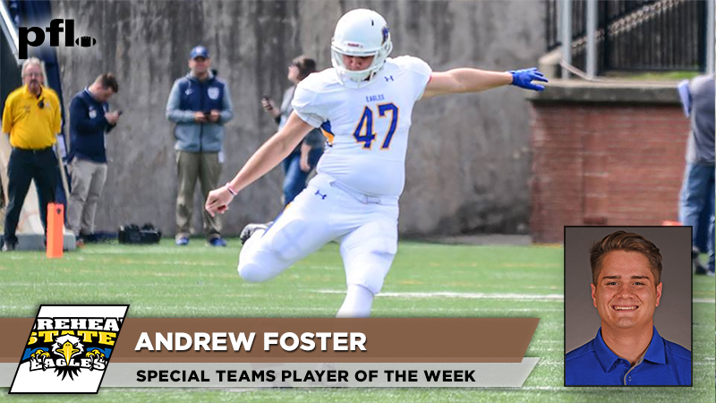pioneerftbl's tweet photo. #PFL19 Special Teams Player of the Week: @MSUEaglesFB Andrew Foster. 12 points in win at Jacksonville + 2nd PFL kicker with 2 40+ yard field goals made in the same game in '19. https://t.co/Th9nP0aFwX