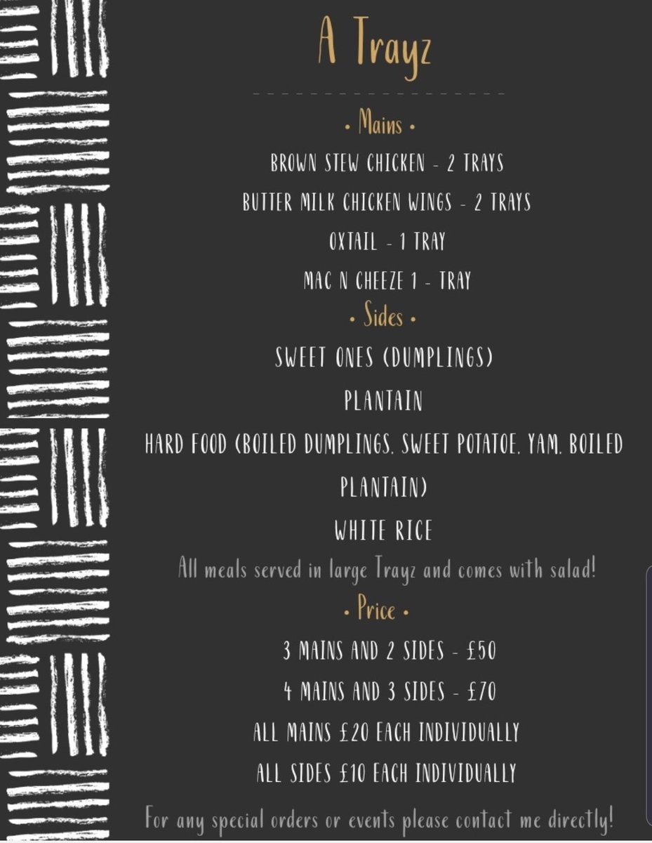 a_trayz's tweet photo. Official Menu Out Now!

Check out the Instagram 📸: @a_trayz

#Food #London #mealprep #caterer #catering #soulfood #Foodie https://t.co/TL45glRNw0